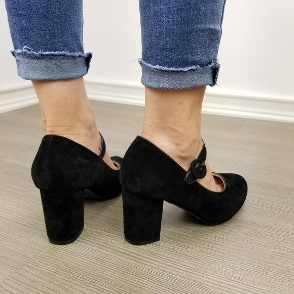Cute black faux suede chunky heel pumps - Picture 6 of 8